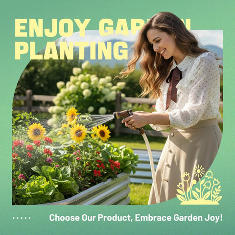 Woman watering flowers in Oval Galvanized Raised Garden Bed Set 3 Pack 6x3x1ft Metal Garden Beds Planter Boxes Outdoor Durable Raised Beds for Vegetables and Flowers Easy Access From All Sides Silver