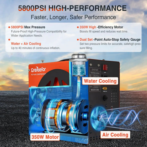 350W Portable Pcpc Air Compressor Pump 5800 Psi Max High Pressure For Air Rifles Paintball Tanks Hpa Cylinders Dual Auto Stop Gauge 12V Dc & 110V Ac Water And Air Cooling Orange Color Model