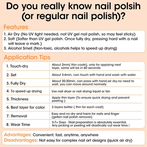 Nail polish features and application tips guide with drying times and benefits overview.