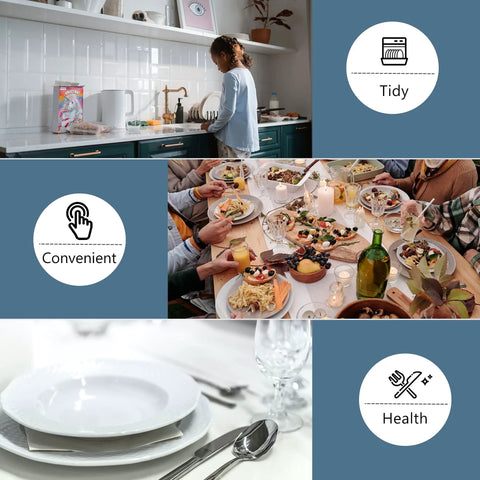 Collage of a tidy kitchen, convenient dining, and healthy meal settings with elegant dishware and utensils.