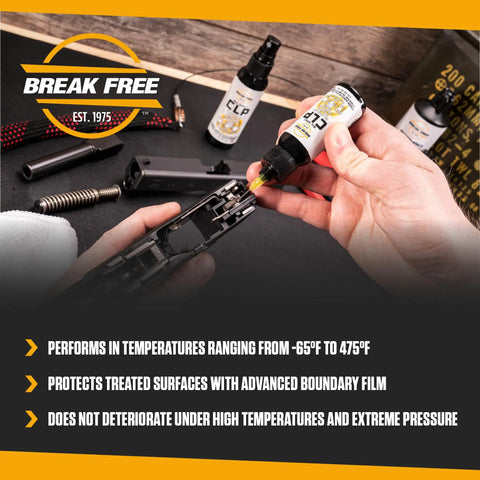 Applying CLP Gun Cleaner Lubricant Preservative Spray With Synthetic Oil, 4 oz Aerosol to firearm parts on workbench