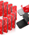 Front view of eight red-backed heavy-duty adhesive hook-and-loop strips, 1.2 x 3.2 in, red backing with peel-off liner.