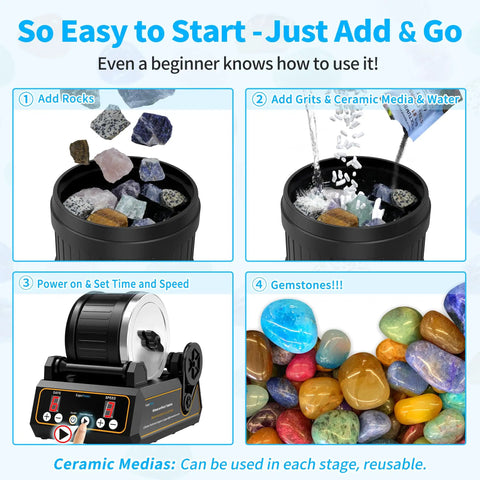 Rock Tumbler Kit With Quiet 2.5Lb Rubber Barrel Rotary Polisher Three Speeds Nine Day Timer With Memory Function instructional steps