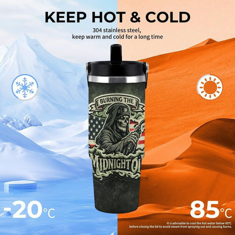 Cool Dope Welder Gift For Him 30oz Insulated Travel Mug with skeleton graphic in snowy and desert backdrop