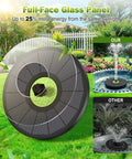 Upgraded Glass Panel Solar Fountain Pump for Bird Bath and Garden Pond with 7 Nozzle Modes floating in water, vibrant garden background.
