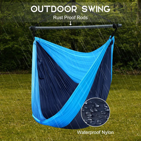 Ultra Portable Hammock Chair For Indoor And Outdoor Use Great For Chill Time Go Anywhere Hanging Swing Made From Lightweight Nylon Parachute, showcasing rust-proof rods and waterproof material in navy blue, set up outdoors on grass.