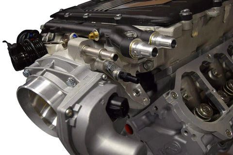 ICT Billet aluminum vacuum port adapter, 1/8 NPT hose fitting, installed on Holley High Ram MAP LS engine