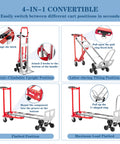 Heavy Duty Convertible Hand Truck For 1000 Lb Load shown in 3-in-1 mode with stair climbing wheels and swivel casters.