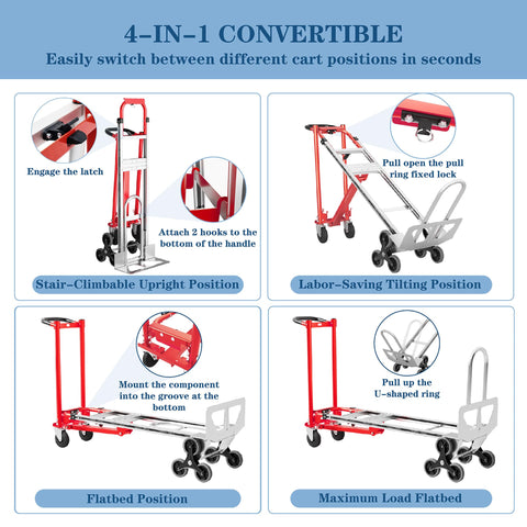 Heavy Duty Convertible Hand Truck For 1000 Lb Load shown in 3-in-1 mode with stair climbing wheels and swivel casters.