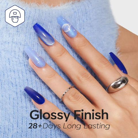 Six Blue Gel Nail Polishes Set Featuring Navy Royal Sky Icy Klein And Glitter Finishes With Cat Eye Magnet Kit Soak Off LED Nail Art Kit Hema Free