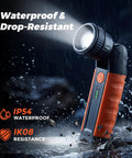 Rechargeable LED Flashlight With Zoomable Head And 180 Degree Swivel, 3 Brightness Modes, Powerhouse Long Range Beam Up To 800 Meters, IP54 Waterproof And IK08 Shockproof, Magnetic Base For Emergency, Camping And Home Use in rain showcasing waterproof feature.
