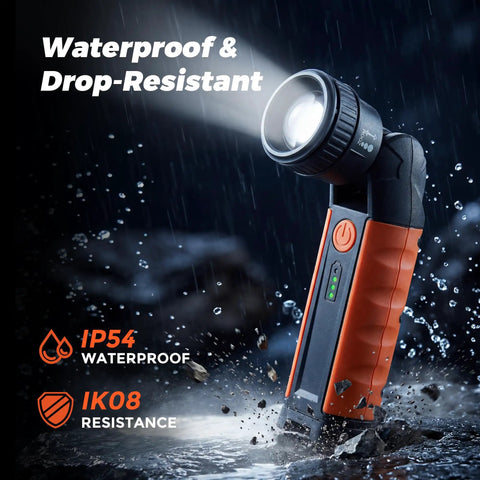 Rechargeable LED Flashlight With Zoomable Head And 180 Degree Swivel, 3 Brightness Modes, Powerhouse Long Range Beam Up To 800 Meters, IP54 Waterproof And IK08 Shockproof, Magnetic Base For Emergency, Camping And Home Use in rain showcasing waterproof feature.