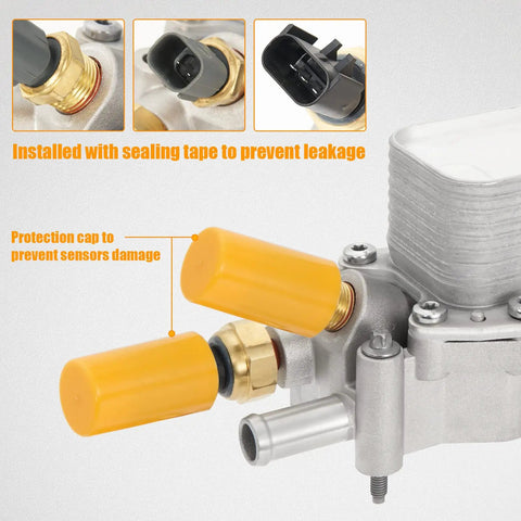 Close-up of upgraded aluminum oil filter housing kit with oil cooler, sensors, and gaskets for 3.6L V6 vehicles, 2011-2016 Chrysler 200 300.