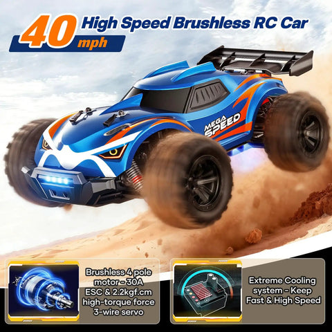 Blue One Sixteenth Brushless Remote Control Car For Adults 64 KMH Off Road 4X4 All Terrain RC Monster Truck