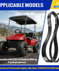 Ezgo Txt Gas Golf Cart Drive Belt and Starter Belts Kit beside a red golf cart