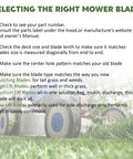 Image guide on selecting the right mower blade with tips and blade type options for optimal lawn care.
