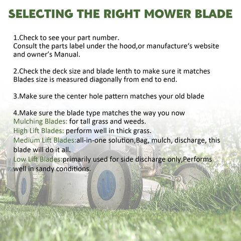 Image guide on selecting the right mower blade with tips and blade type options for optimal lawn care.