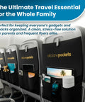 Air Travel Tray Cover And Seat Back Organizer For Flights showcasing pockets holding gadgets and snacks, keeping space tidy on airplane seats.