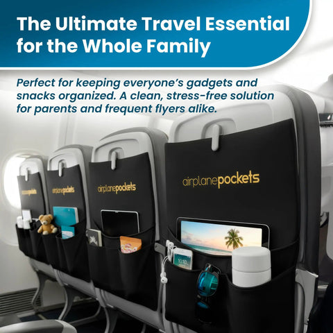 Air Travel Tray Cover And Seat Back Organizer For Flights showcasing pockets holding gadgets and snacks, keeping space tidy on airplane seats.