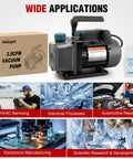 Heavy Duty 3.5 CfM 1/4 HP 110V Single Stage HVAC AC Vacuum Pump Kit With Premium All Copper Motor displayed with oil and box.