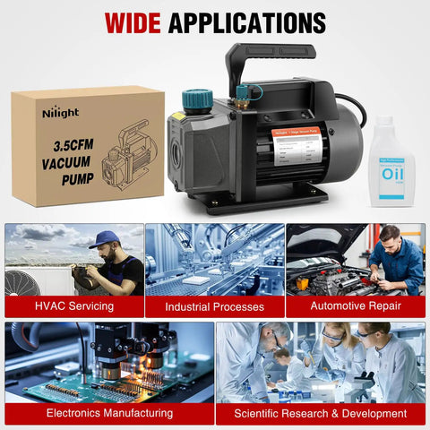 Heavy Duty 3.5 CfM 1/4 HP 110V Single Stage HVAC AC Vacuum Pump Kit With Premium All Copper Motor displayed with oil and box.