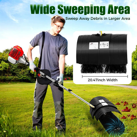 Gas Powered Handheld Sweeper For Driveways And Lawns, 2.3HP 52cc Outdoor Broom With Air Filter, Manual Puller, And High Density Nylon Brush, Wide 20 Inch Sweep For Snow, Leaves, Debris On Turf, Street, And Artificial Grass, 20.47-inch width