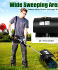 Tough 52cc Gas Powered Handheld Sweeper With Cushioned Grip And Widened 20 Inch Nylon Brush in use on grass, clearing leaves.