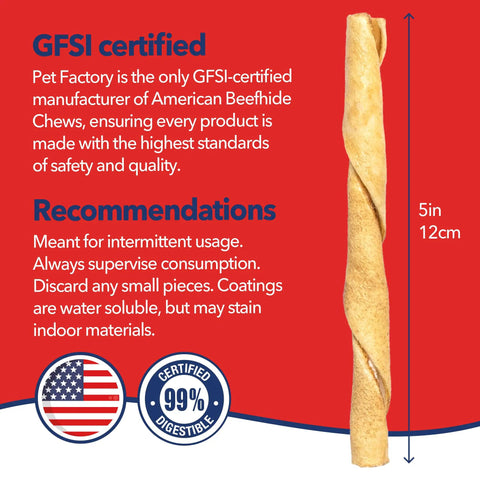 American Beefhide Twist Sticks For Dogs 5 Inch Rawhide Dental Chews With Chicken Flavor, GFSI certified and 99% digestible