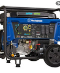 Close-up of the Dual Fuel Portable Generator with Electric Start and Remote Key Fob, showing control panel and CO sensor.