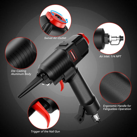 Heavy Duty Pneumatic Nail Gun And Nail Remover With Extra Driver And Bumper, Long Nose For 1 To 4 Inch Nails And 9 To 16 Gauge