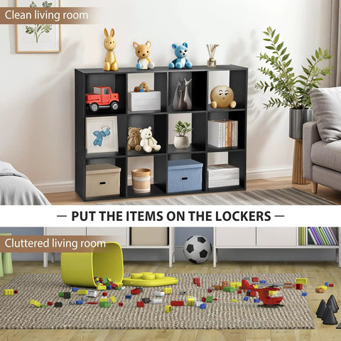 12 Cube Modular Storage Shelf Organizer For Closets And Bins, open back bookshelf cabinet in a clean living room setting