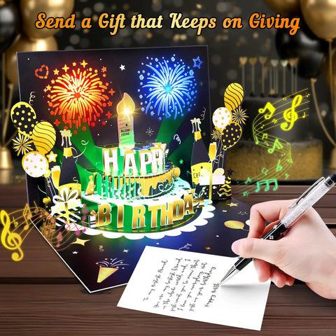 Interactive Pop Up Birthday Card Featuring Flashing Lights And Music Tracks That Totally Knock Your Socks Off Hella Cool Gift For Besties Spouses And Family Comes With Envelope, 3D design with fireworks, writing space included.