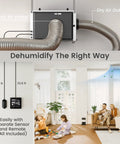Heavy-Duty 216 Pint Crawl Space Dehumidifier With Built-In Pump And Remote Control For Whole House And Basement, 8000 Sq Ft Coverage showing duct hose and remote sensor usage.