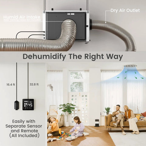 Heavy-Duty 216 Pint Crawl Space Dehumidifier With Built-In Pump And Remote Control For Whole House And Basement, 8000 Sq Ft Coverage showing duct hose and remote sensor usage.