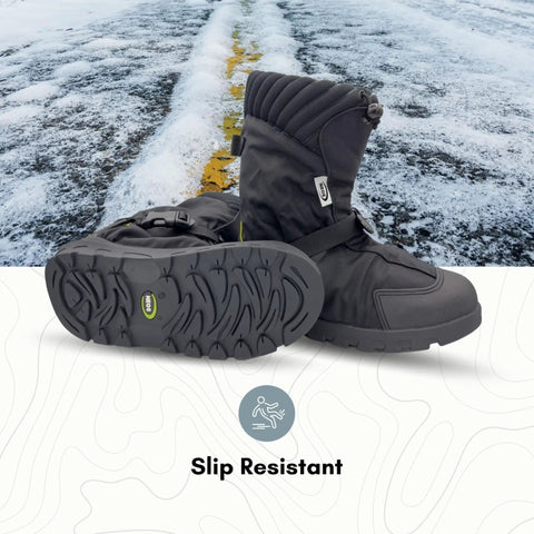 Explorer Winter Waterproof Insulated Overshoe For Work Boots Size L on snowy road, showing slip resistance and tread pattern.