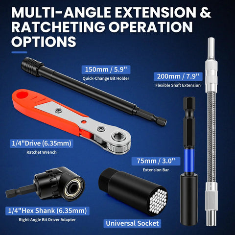 Components of All In One 86 Piece Magnetic Impact Nut Driver And Bit Set with SAE and metric sizes, including ratchet wrench and extensions.