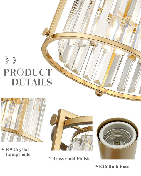 Close-up of a Crystal Semi Flush Mount Chandelier With Gold Finish Open Cylinder Frame Enclosing Clear Crystals Modern Ceiling Light Fixture