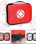 Red compact travel first aid kit in a zippered case; 9.8in long, 7.5in tall, 1.2in thick for car or home emergency use.