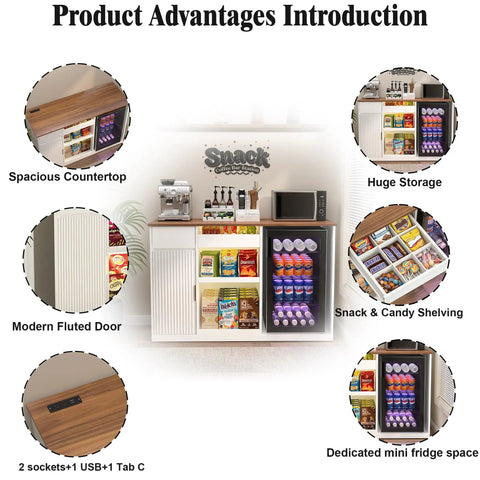 Snack Bar Cabinet With Fridge Space And Candy Display Shelf, All In One Coffee Station For Home Theater Or Game Room features diagram
