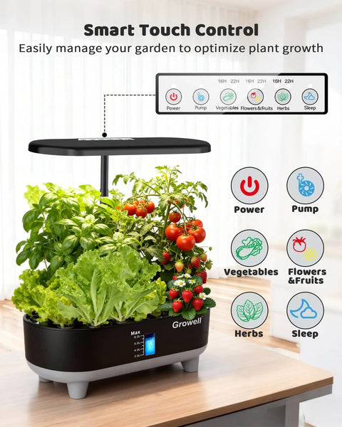 16 Pod Vertical Hydroponics Grow System for Indoor Garden Dope Kit With LED showing smart touch control and fresh herbs