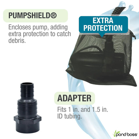 Waterfall Pond Pump 2300 GPH With Anti Clog Technology shown with PumpShield and adapter for extra debris protection and easy assembly.