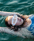 Heavy Duty Polycarbonate Safety Glasses With High Clarity Blue Lens Side Shields For Industrial Construction And Lab Work Built Tough For The Daily Grind And Straight Up Eye Protection, worn while swimming.