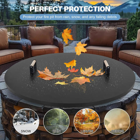 Round 38 Inch Fire Pit Lid Cover With Rust Resistant Powder Coated Steel, Two Wooden Handles, Weatherproof All Seasons