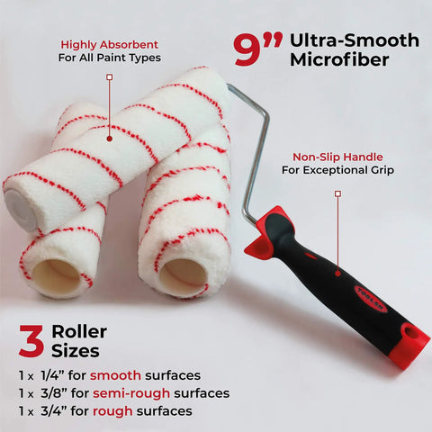 Close-up of three microfiber rollers in the Eight Piece Painting Roller Kit With Tray And Brushes, Pro Grade Decorating Tools For Home DIY Projects.