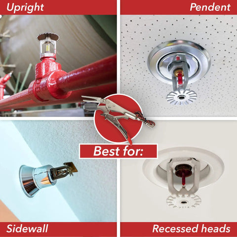 The Top Shelf Game Changer Fire Sprinkler Shutoff Multi Tool Stops Accidental Water Damage And Yanks FDC Caps Quick, showing various sprinkler heads.