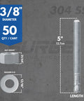 Image of Heavy Duty 3/8 Inch By 5 Inch 304 Stainless Steel Wedge Anchors for Concrete and Cement, Box of 50, with dimensions.