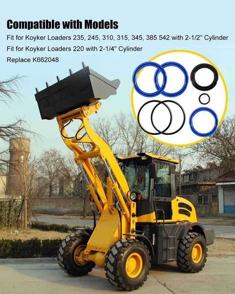 Hydraulic Cylinder Seal Kit For Front End Loaders Built Tough Pro Grade Replacement Fits Two And A Half Inch Cylinders And One And A Half Inch Rod For Loader Models 235 245 310 315 345 385 542 And 220 With Two And A Quarter Inch Bore, blue and black seals