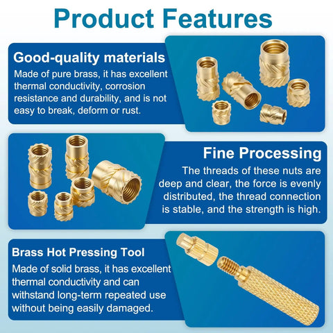 100 Pcs Heat Set Threaded Inserts With Soldering Iron Tip Press Tool M3 x 3mm Height By 5mm Outer Diameter Brass Knurled Nuts For 3D Printing Plastic Parts product features description, showcasing high-quality brass material, fine threading, and durability.