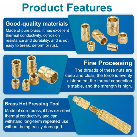 Heat Set Threaded Inserts Kit With Soldering Iron Tip Press Tool M3 x 0.5mm brass knurled embedding nuts product features