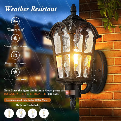 16 Inch 2 Pack Large Motion Sensor Outdoor Wall Lights Dusk To Dawn Porch Lights Wall Mount Vintage Exterior Sconce Lanterns Black For Front Door House Exterior Three Modes Auto And Auto Plus Motion Activated Night Brightness That Slays At Night mounted on brick wall